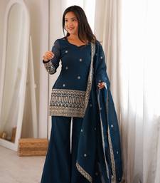 Teal blue embroidered crunchy silk kurta bell bottom set with dupatta
