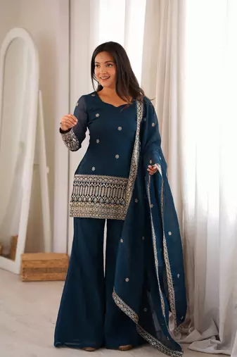 Teal blue embroidered crunchy silk kurta bell bottom set with dupatta