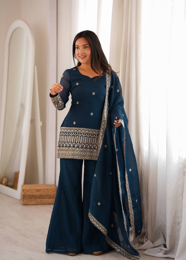 Teal blue embroidered crunchy silk kurta bell bottom set with dupatta
