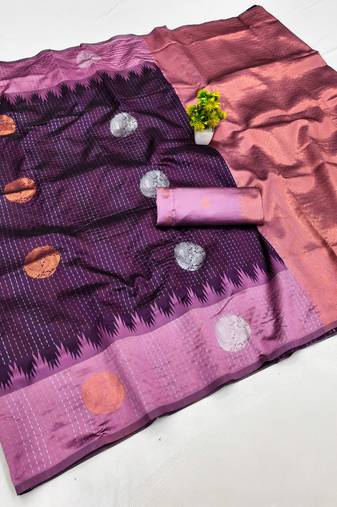 purple wine art silk blend jacquard work saree with unstitched blouse piece