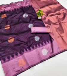 purple wine art silk blend jacquard work saree with unstitched blouse piece