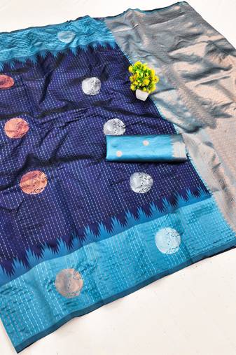 rama blue art silk blend jacquard work saree with unstitched blouse piece