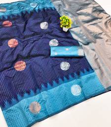 rama blue art silk blend jacquard work saree with unstitched blouse piece