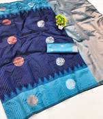 rama blue art silk blend jacquard work saree with unstitched blouse piece