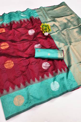 rama red art silk blend jacquard work saree with unstitched blouse piece