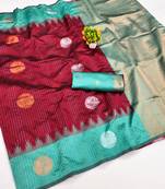 rama red art silk blend jacquard work saree with unstitched blouse piece