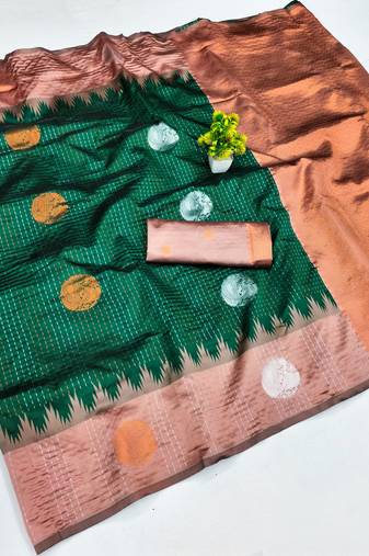 rust green art silk blend jacquard work saree with unstitched blouse piece