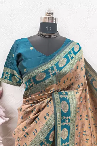 beige art silk blend banarasi jacquard work saree with unstitched blouse piece