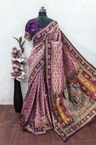 light pink art silk blend banarasi jacquard work saree with unstitched blouse piece
