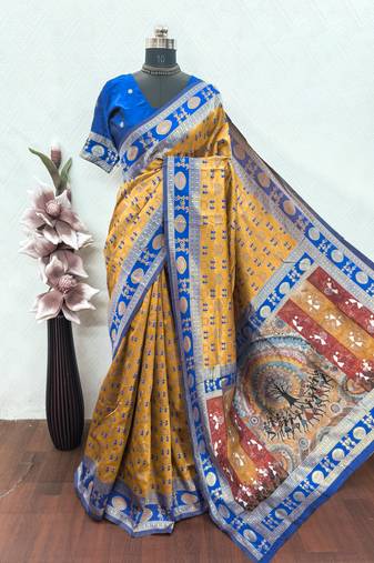 mustard blue art silk blend banarasi jacquard work saree with unstitched blouse piece