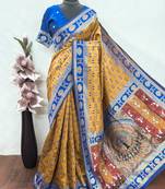 mustard blue art silk blend banarasi jacquard work saree with unstitched blouse piece