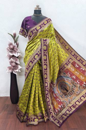 neon wine art silk blend banarasi jacquard work saree with unstitched blouse piece