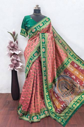 peach green art silk blend banarasi jacquard work saree with unstitched blouse piece