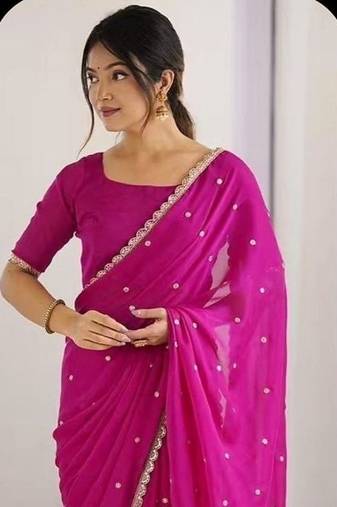 Rani Pink Color Butti embroidered and Sequence Work Silk Blend Saree 