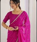 Rani Pink Color Butti embroidered and Sequence Work Silk Blend Saree 