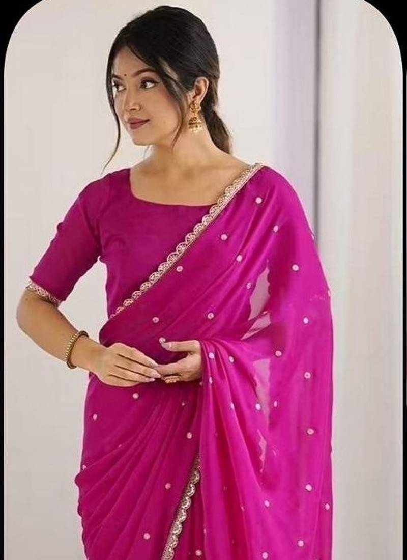 Rani Pink Color Butti embroidered and Sequence Work Silk Blend Saree 