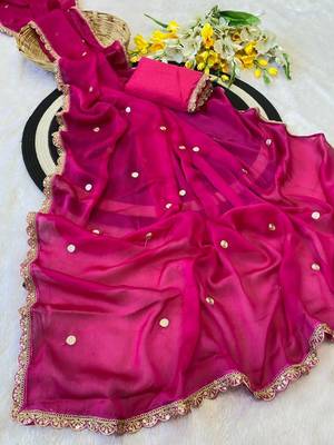 Rani Pink Color Butti embroidered and Sequence Work Silk Blend Saree  2