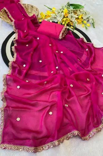 Rani Pink Color Butti embroidered and Sequence Work Silk Blend Saree 