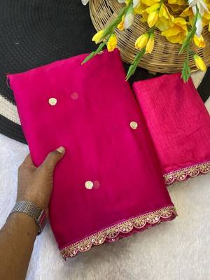 Rani Pink Color Butti embroidered and Sequence Work Silk Blend Saree  3