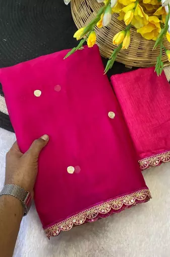 Rani Pink Color Butti embroidered and Sequence Work Silk Blend Saree 