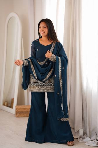 Teal blue embroidered crunchy silk kurta bell bottom set with dupatta
