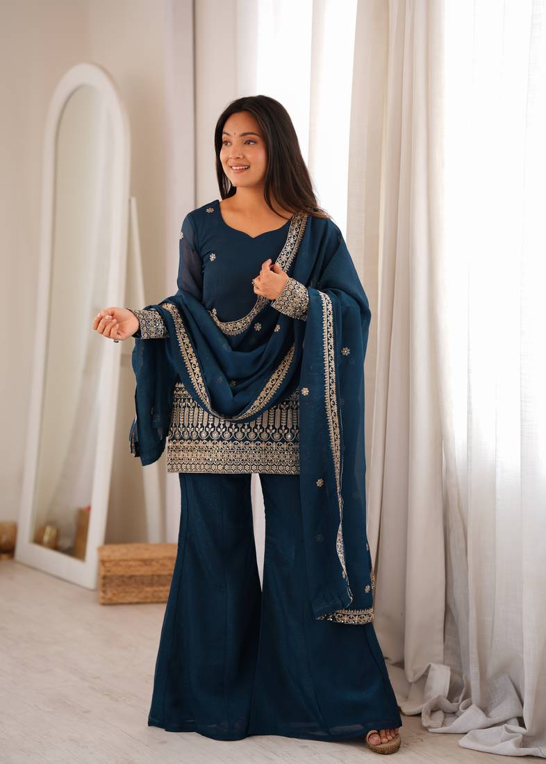 Teal blue embroidered crunchy silk kurta bell bottom set with dupatta