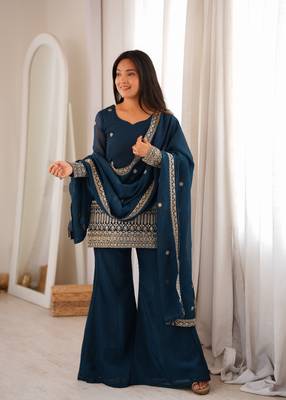 Teal blue embroidered crunchy silk kurta bell bottom set with dupatta 1