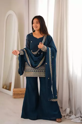 Teal blue embroidered crunchy silk kurta bell bottom set with dupatta