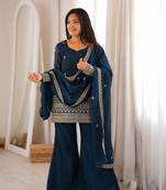Teal blue embroidered crunchy silk kurta bell bottom set with dupatta