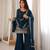 Teal blue embroidered crunchy silk kurta bell bottom set with dupatta