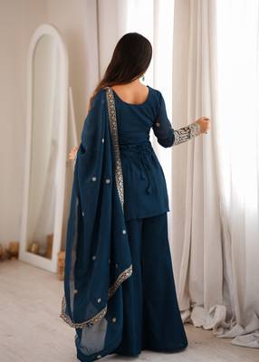 Teal blue embroidered crunchy silk kurta bell bottom set with dupatta 3