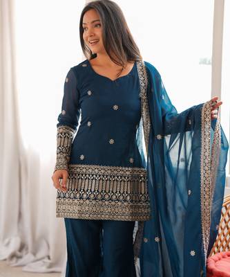 Teal blue embroidered crunchy silk kurta bell bottom set with dupatta 4