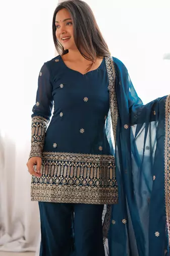 Teal blue embroidered crunchy silk kurta bell bottom set with dupatta