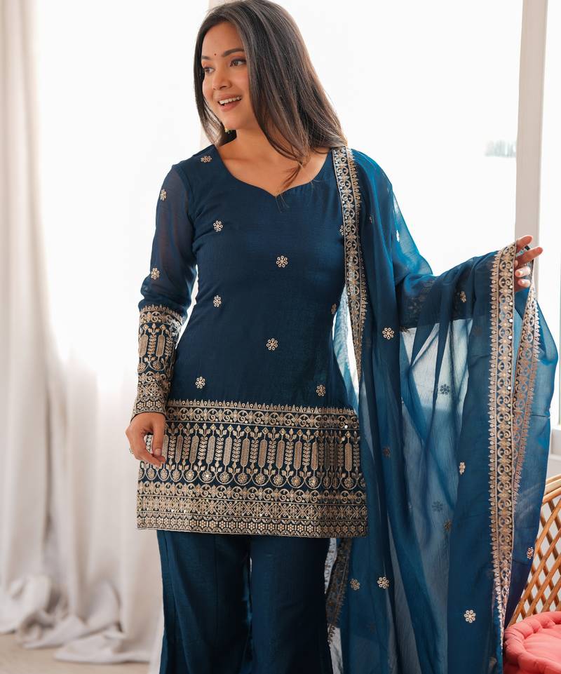 Teal blue embroidered crunchy silk kurta bell bottom set with dupatta