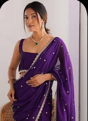 Purple Color Butti embroidered and Sequence Work Silk Blend Saree  1