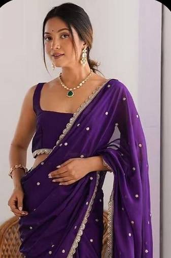 Purple Color Butti embroidered and Sequence Work Silk Blend Saree 