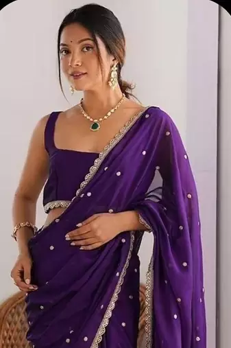 Purple Color Butti embroidered and Sequence Work Silk Blend Saree 