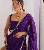 Purple Color Butti embroidered and Sequence Work Silk Blend Saree 