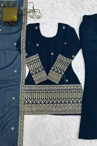 Teal blue embroidered crunchy silk kurta bell bottom set with dupatta
