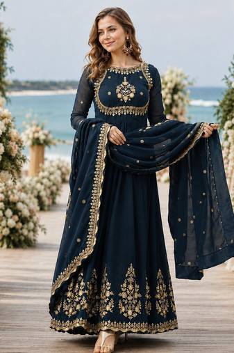 Navy faux georgette readymade anarkali suit with zari thread & embroidery work