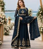 Navy faux georgette readymade anarkali suit with zari thread & embroidery work