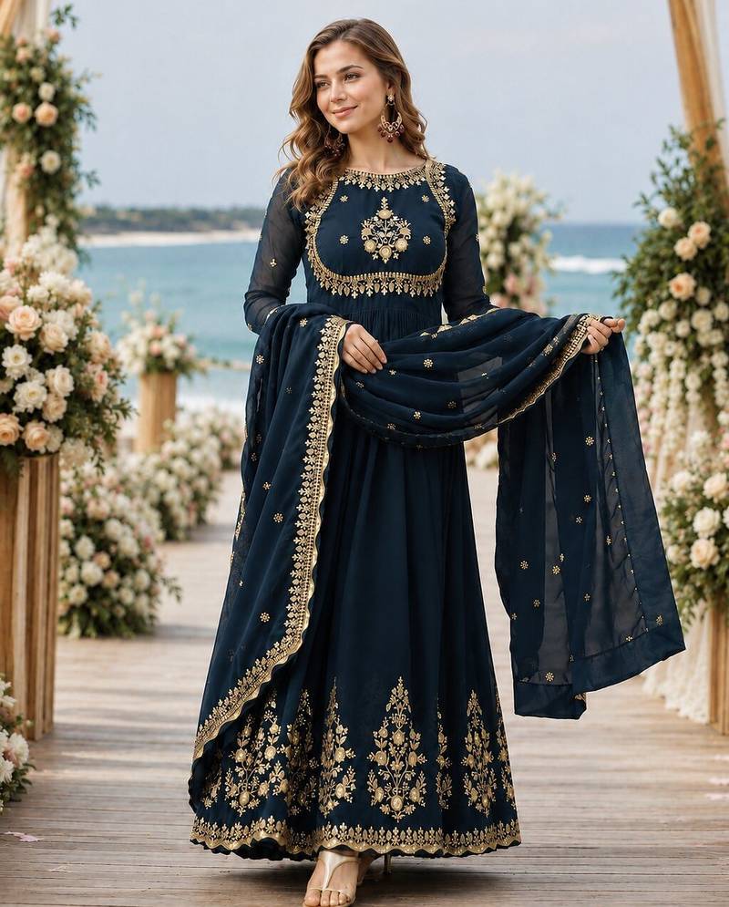 Navy faux georgette readymade anarkali suit with zari thread & embroidery work