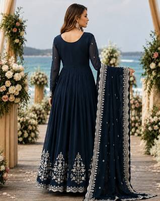 Navy faux georgette readymade anarkali suit with zari thread & embroidery work 2
