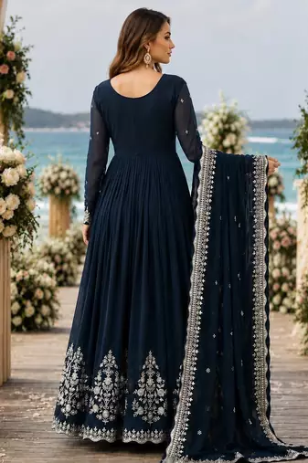 Navy faux georgette readymade anarkali suit with zari thread & embroidery work