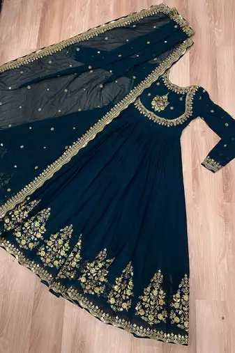 Navy faux georgette readymade anarkali suit with zari thread & embroidery work