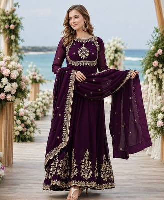 Purple faux georgette readymade anarkali suit with zari thread & embroidery work 1