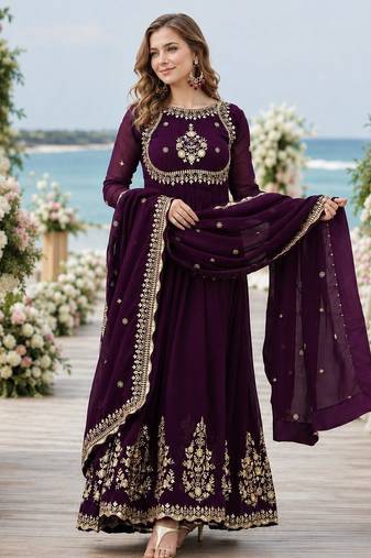 Purple faux georgette readymade anarkali suit with zari thread & embroidery work