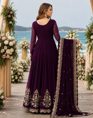 Purple faux georgette readymade anarkali suit with zari thread & embroidery work 2