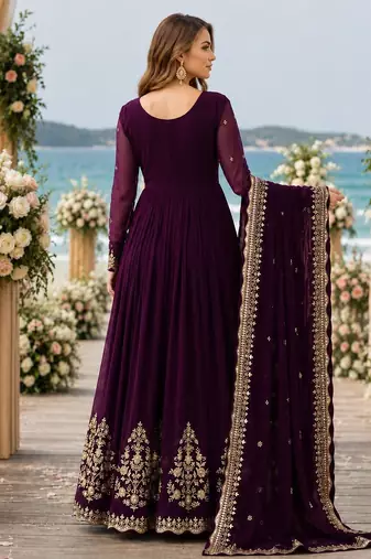 Purple faux georgette readymade anarkali suit with zari thread & embroidery work