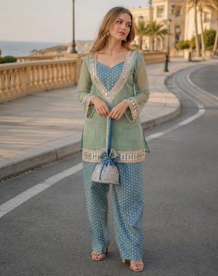 Blue silk bled  readymade suit with real mirror & sequence work 1